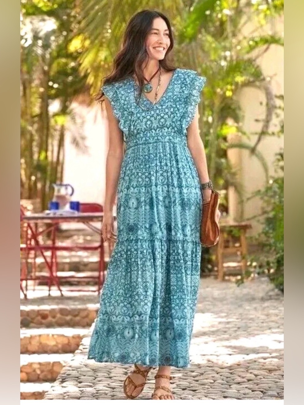 Sundance Womens Small Maxi Dress Tiered Long Bohemian Ruffles Floral Blue Cotton